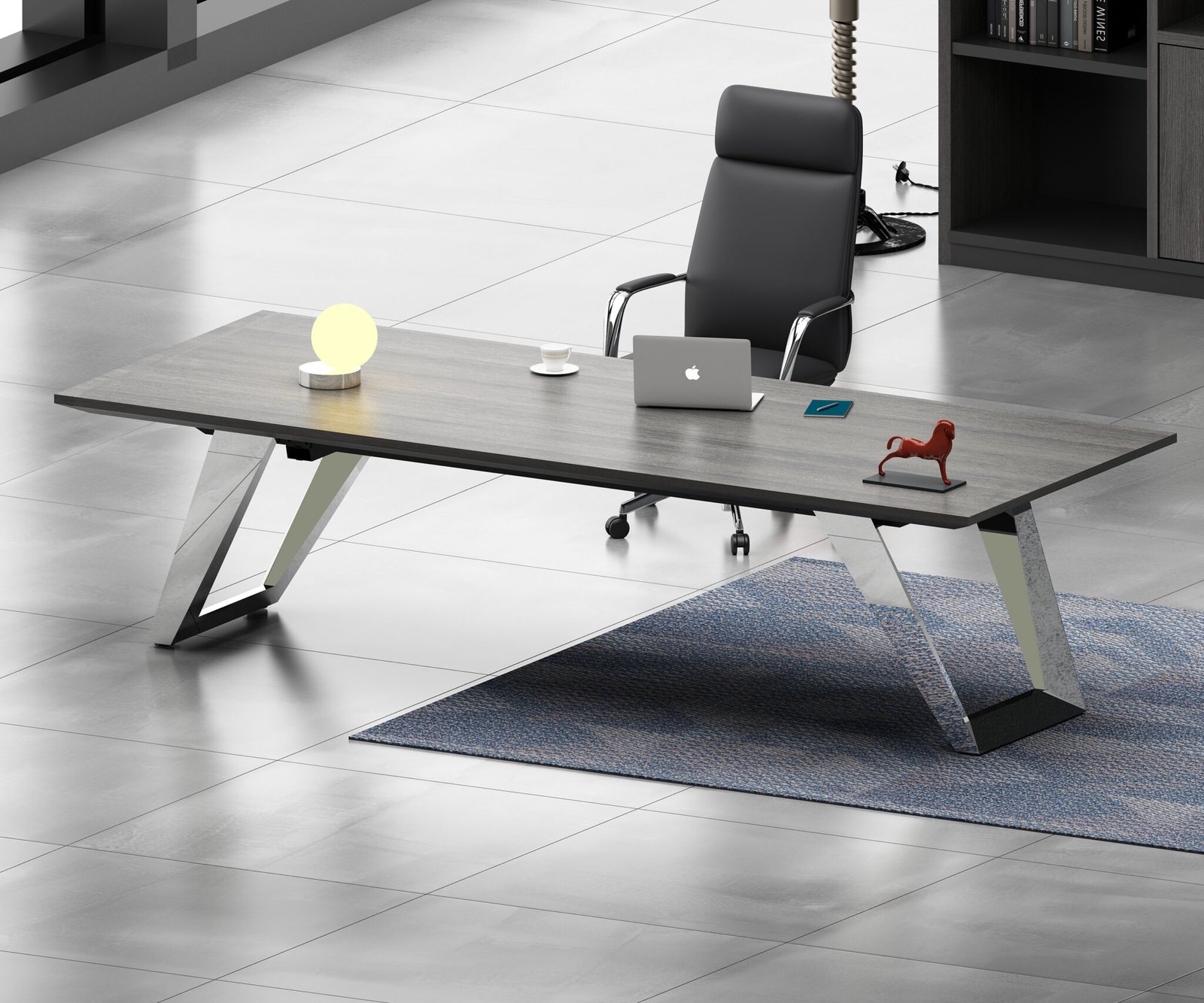 Allen executive desk with angled stainless steel supports