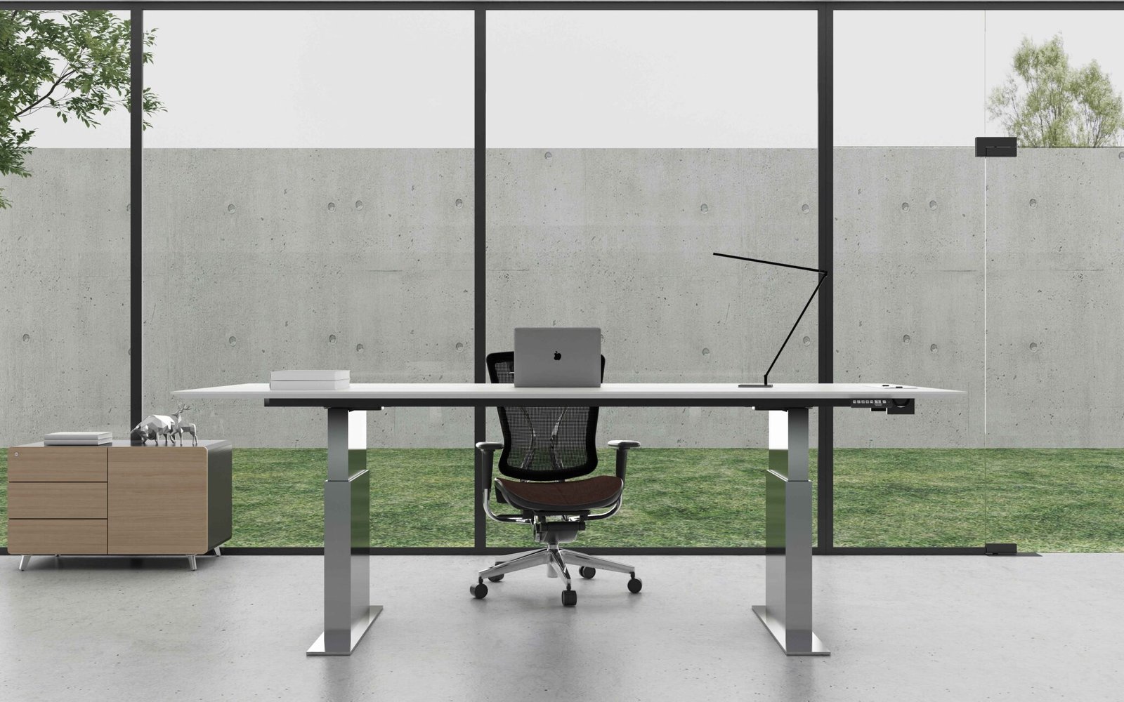 Stainless steel height adjustable desk configuration