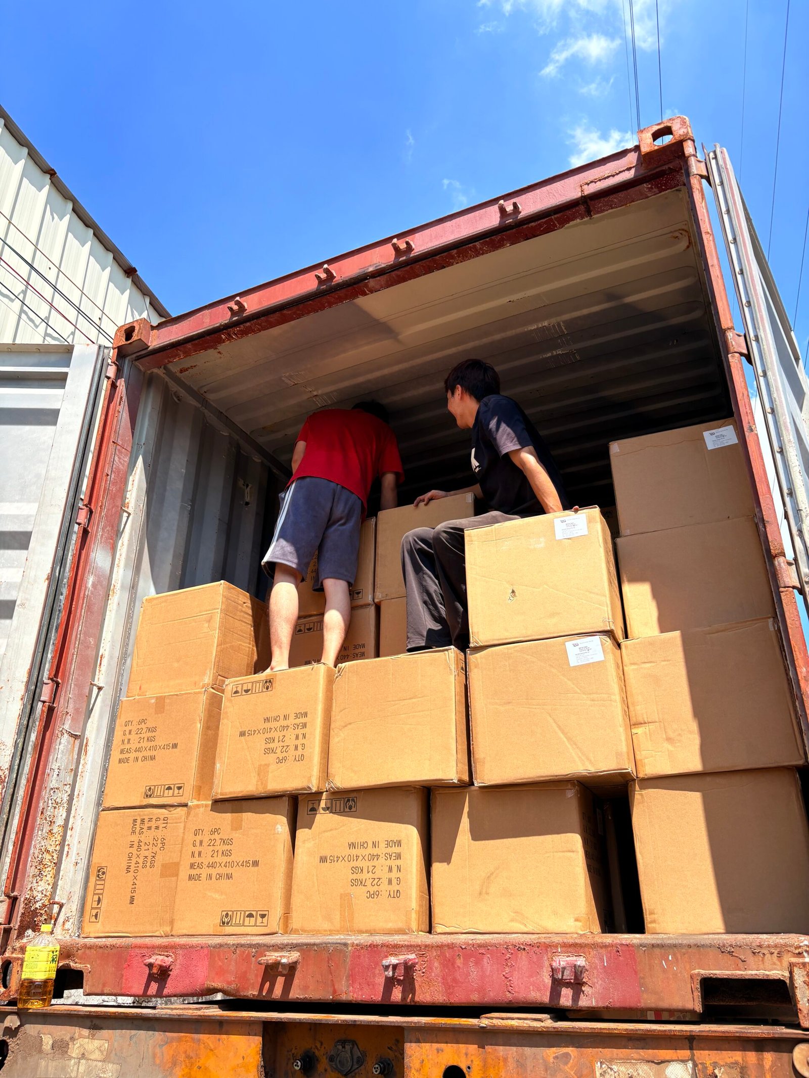 Cartons arranged inside an open shipping container