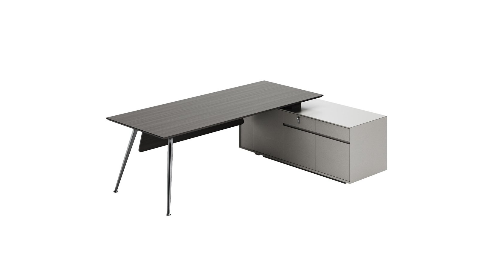 FN executive desk with a side cabinet and angled metal supports