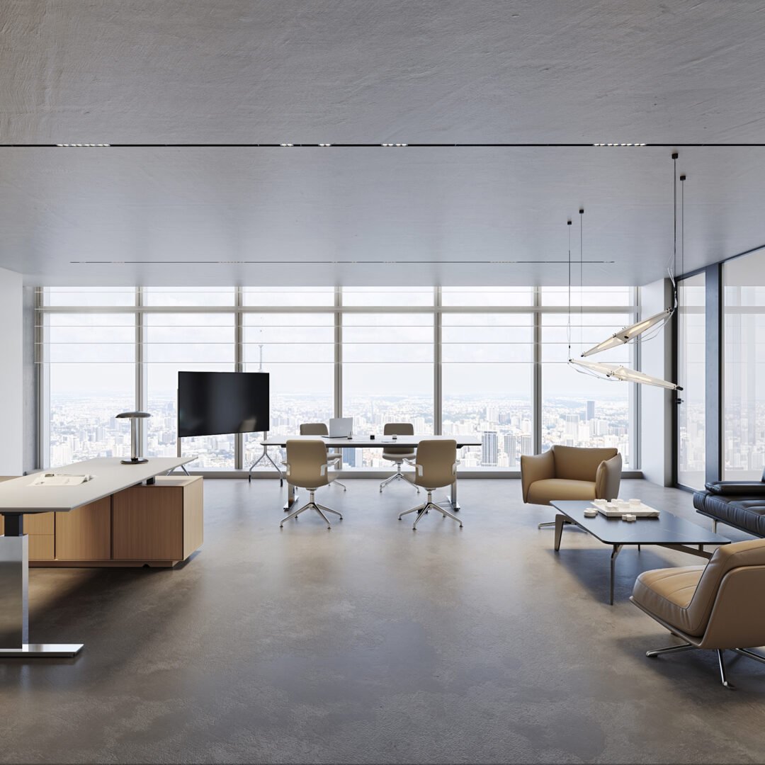 Height adjustable executive desk with coordinated cabinet in a private office