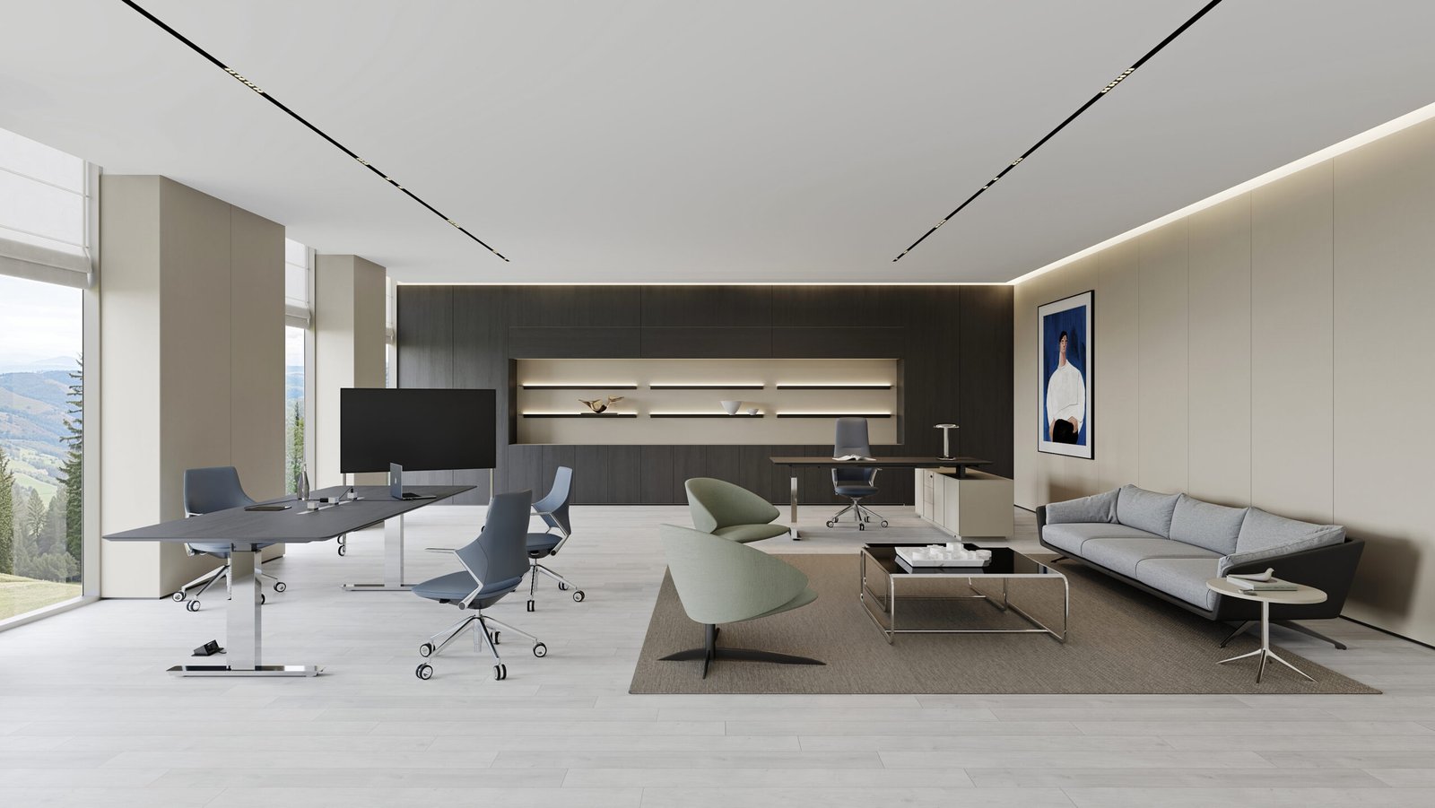 Height adjustable executive desks arranged in a private office setting