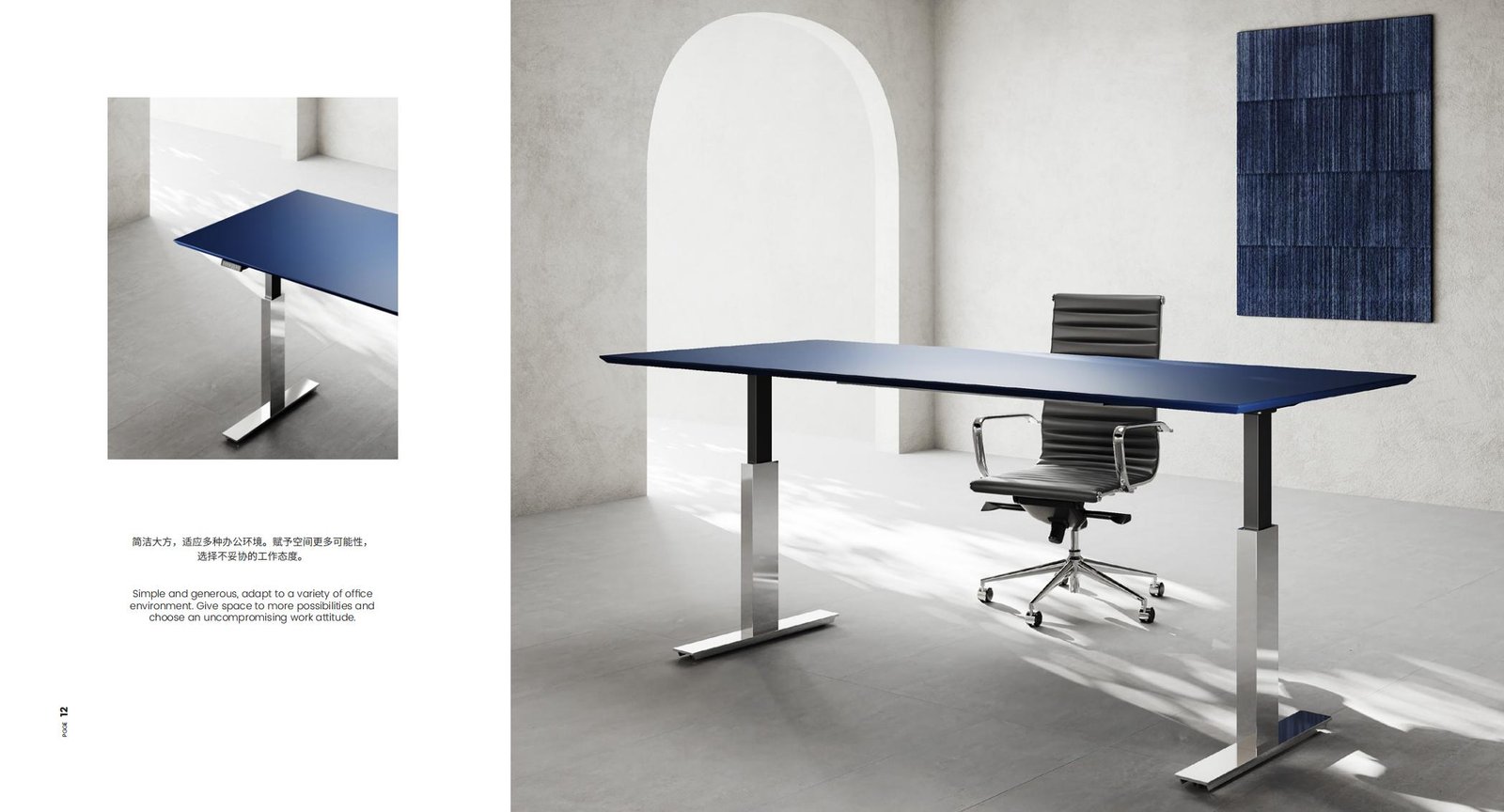 Height adjustable executive desk shown in a lower working position