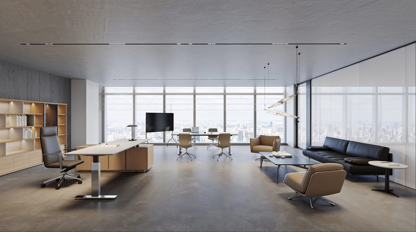 Height adjustable executive desk shown in a raised working position