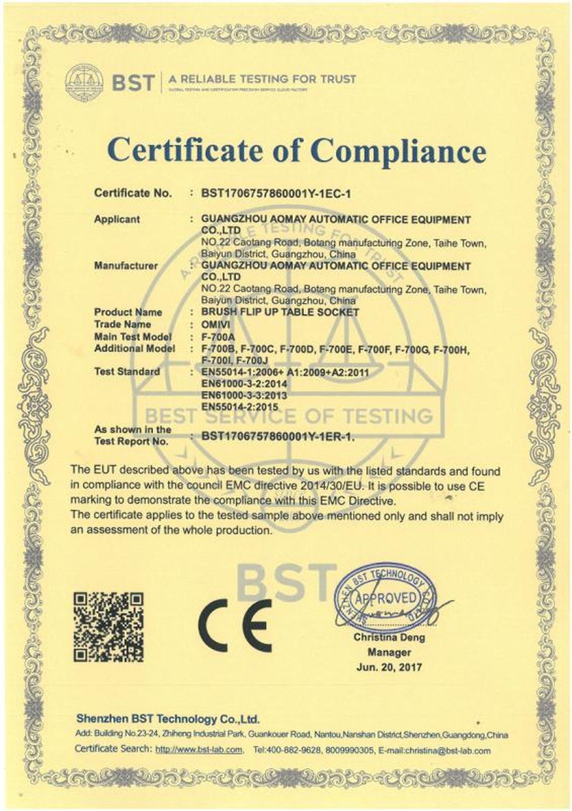 CE EMC certificate for F-700A to F-700J brush flip-up sockets