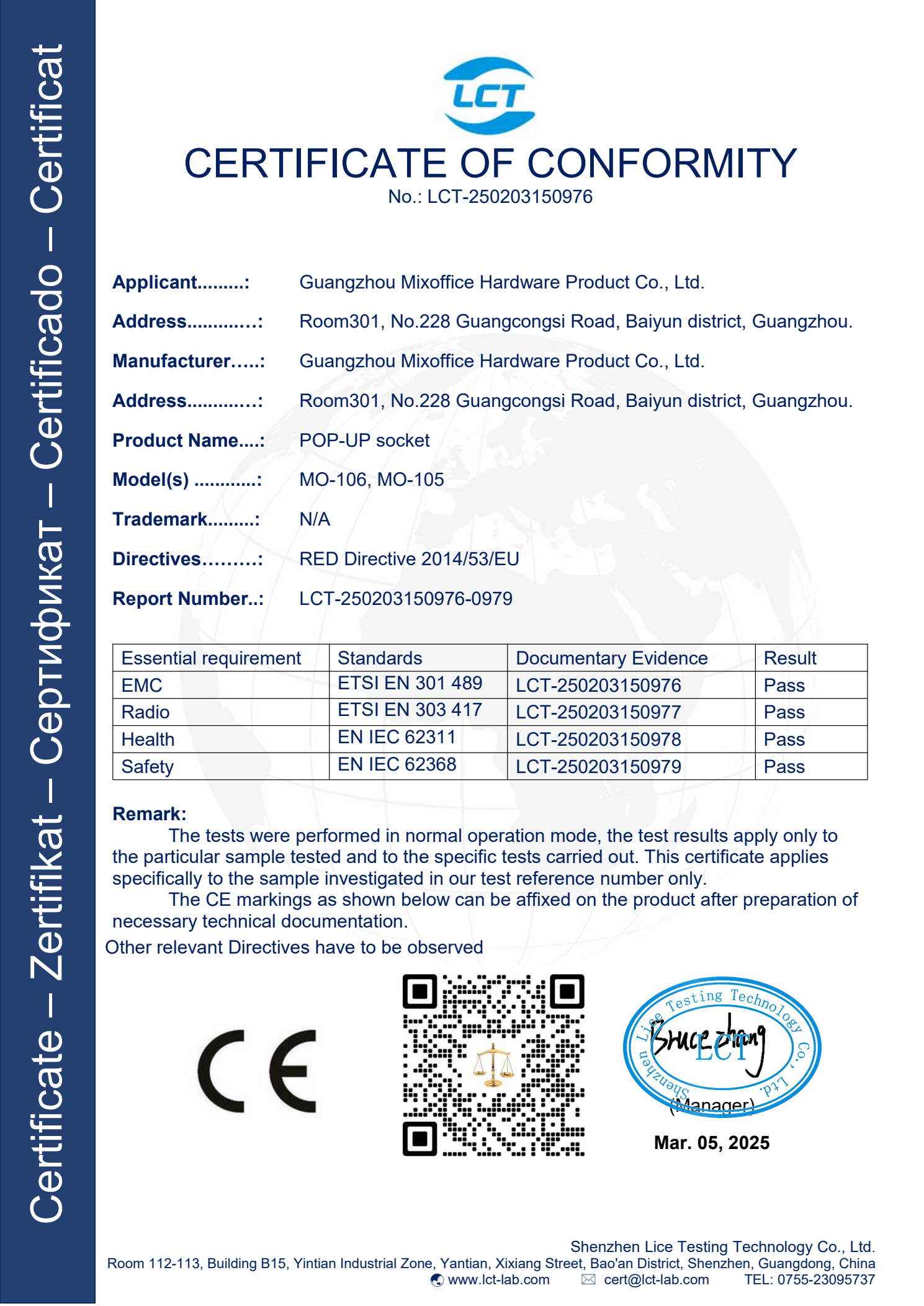CE RED certificate for MO-105 and MO-106 pop-up sockets