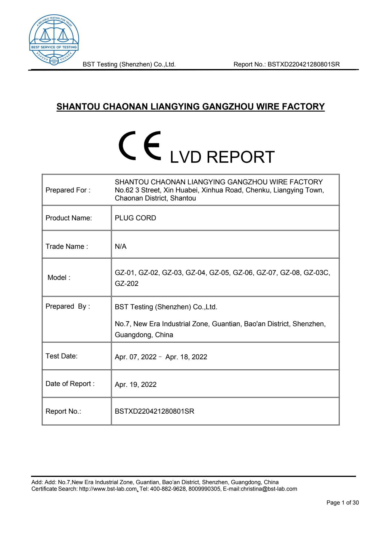 LVD test report for a NORDA plug cord component