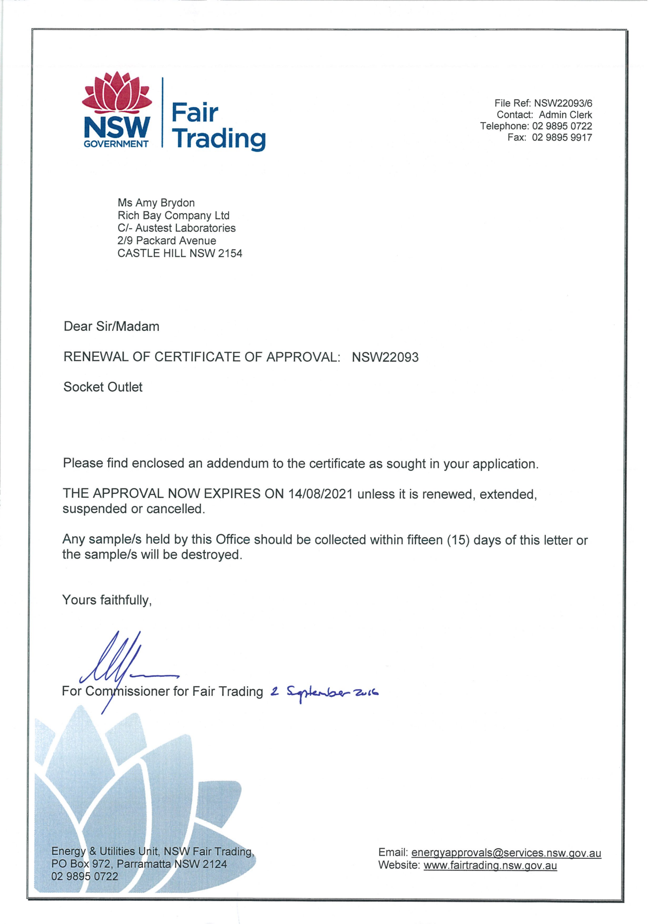 SAA approval record for a NORDA socket component