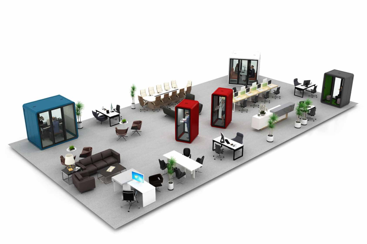 Workplace planning illustration showing S, M, L and XL acoustic phone booth models together
